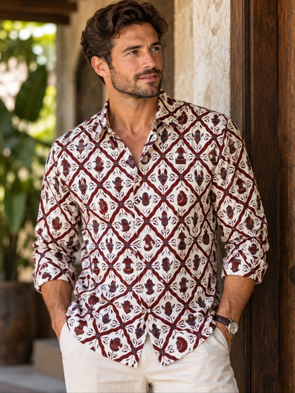 Margaria Batik Mens M Indonesian Button Down Shirt Brown Boho Art Print NWT